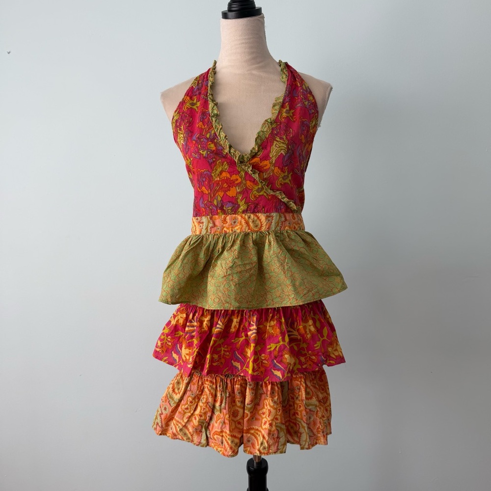 🌺 Pier 1 Imports Boho Ruffle Apron Open Back Tiered Cotton